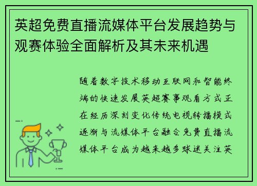 英超免费直播流媒体平台发展趋势与观赛体验全面解析及其未来机遇